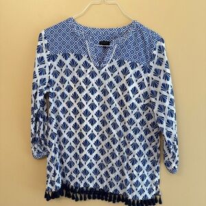 Talbots Blue & White Geometric & Shell Print Tunic
